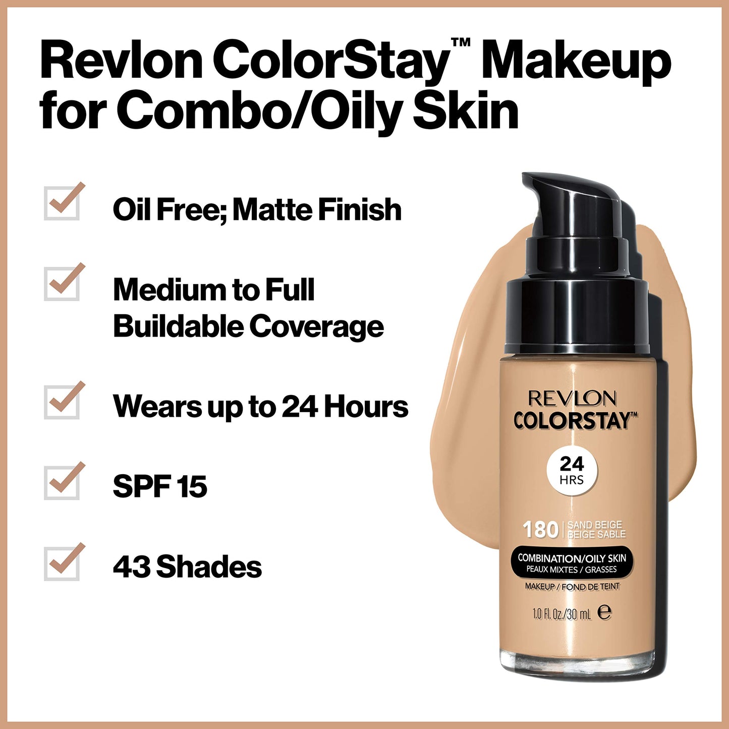 Revlon Colorstay Liquid Foundation Makeup for Combination/Oily Skin SPF15 Med...